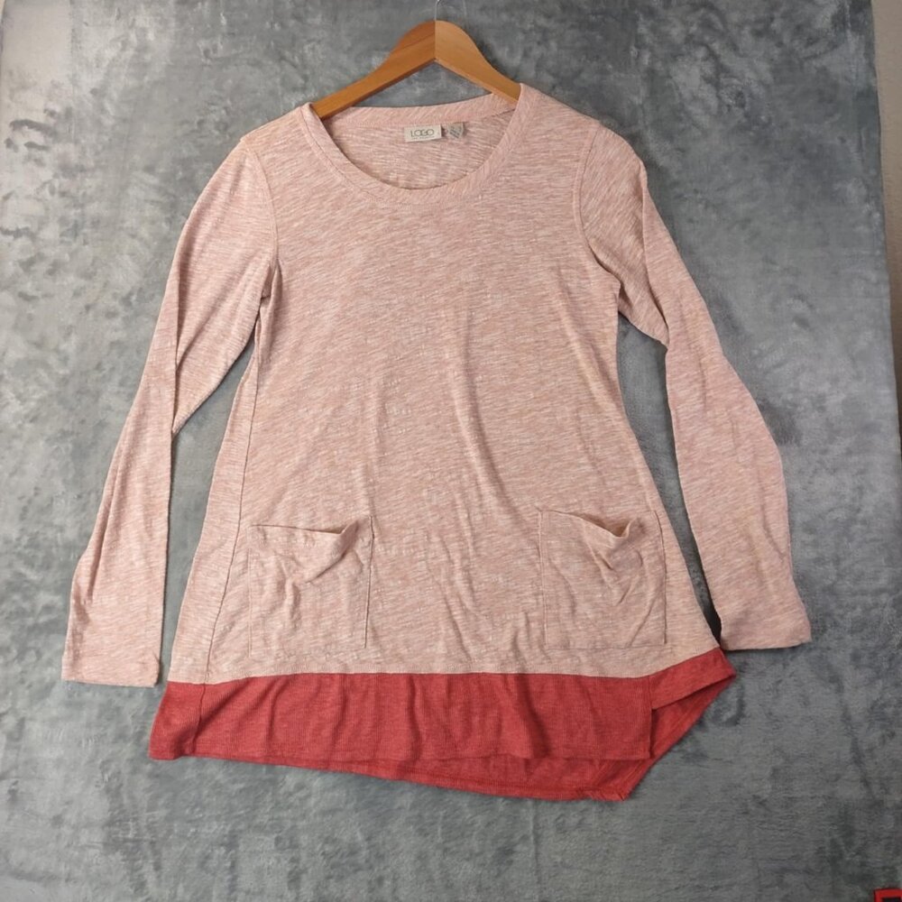 LOGO By Lori Goldstein Women XS Pink&Red Long Sleeve Tunic Top with Pockets Hem